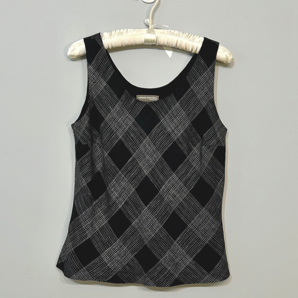 Valerie Stevens Tank Top Women 4 Black Excellent Pure Linen Plaid Sleeveless - Picture 1 of 5